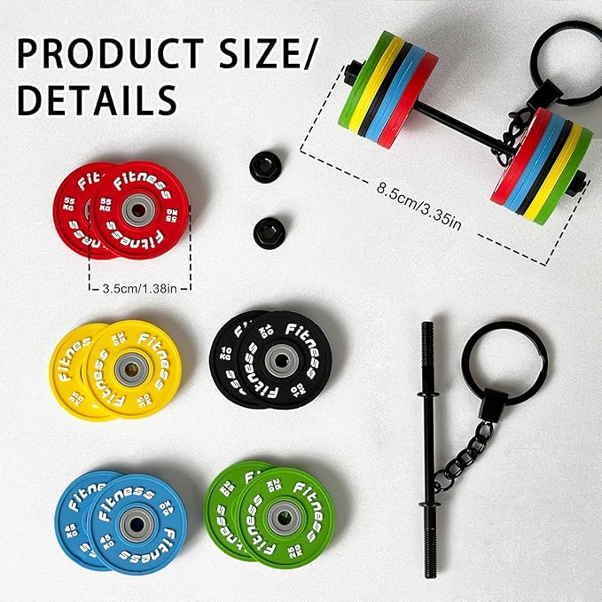 Fitness weight plates and barbell keychain with measurements