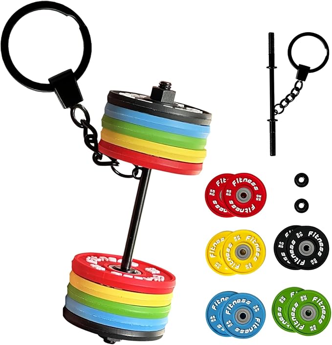 Colorful dumbbell keychain with detachable weight plates on a white background